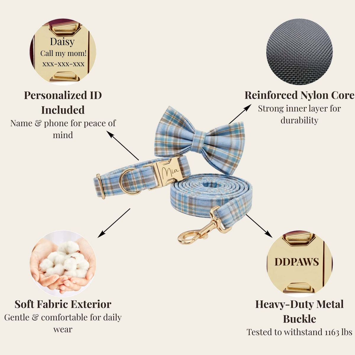 Blue plaid dog collar, bow tie, and leash with ID nameplate and metal buckle