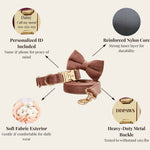Dusty pink velvet dog harness set with bowtie, reinforced core, and soft fabric exterior