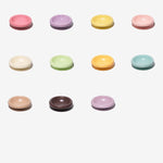 Assorted stoneware pet bowls, round shallow dish with glossy pastel and neutral tones.