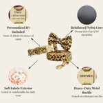 Velvet leopard bow tie collar set with reinforced nylon core and heavy-duty buckle