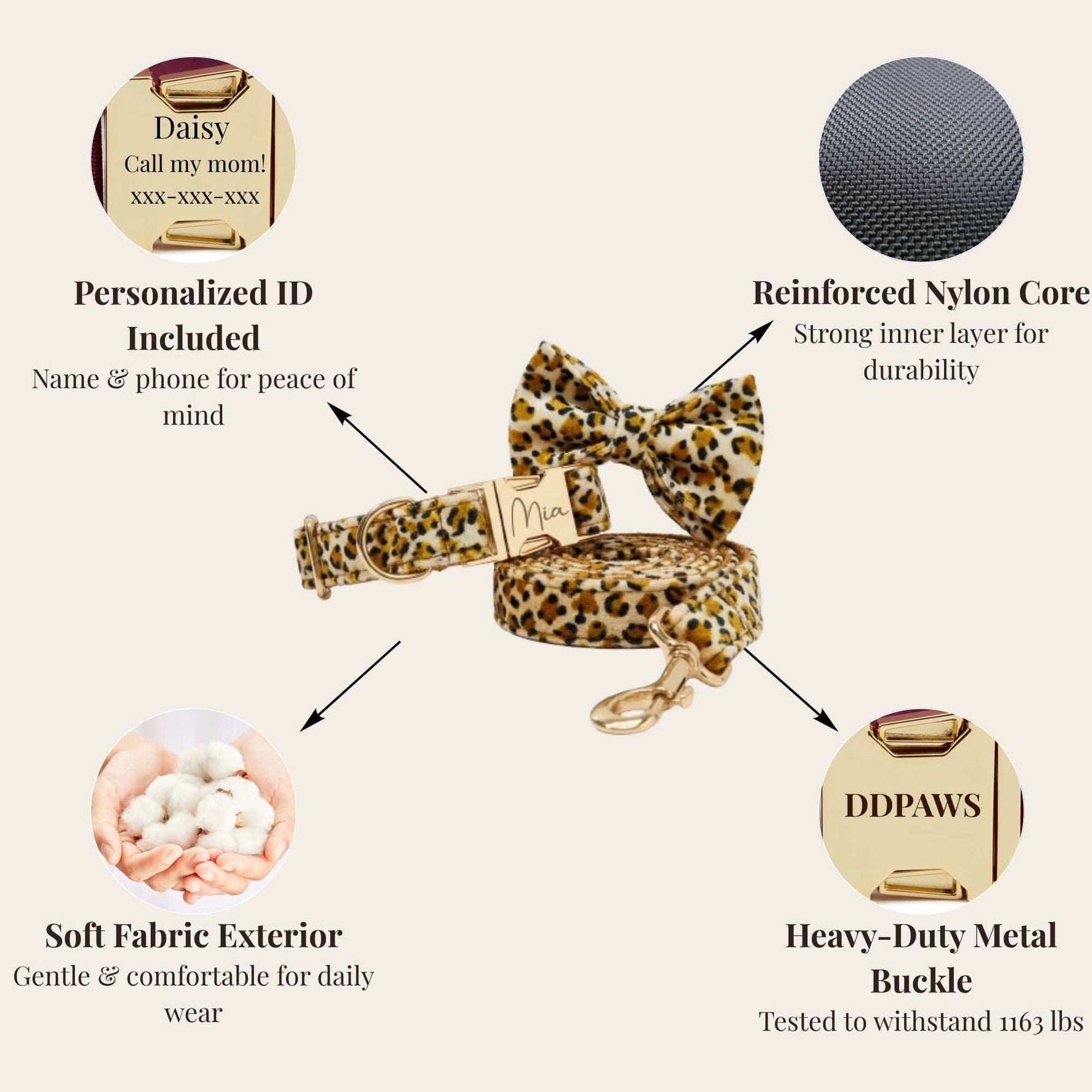 Velvet leopard bow tie collar set with reinforced nylon core and heavy-duty buckle