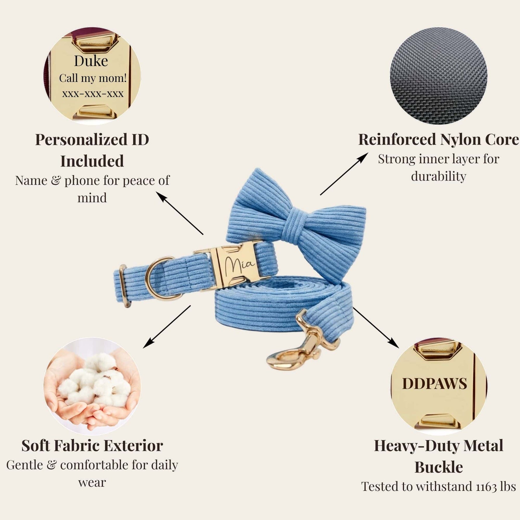 Light blue corduroy dog collar and bowtie set with personalized ID tag and gold hardware