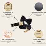 Black polka-dot collar with bowtie and ID tag, plus matching leash; gold-tone hardware