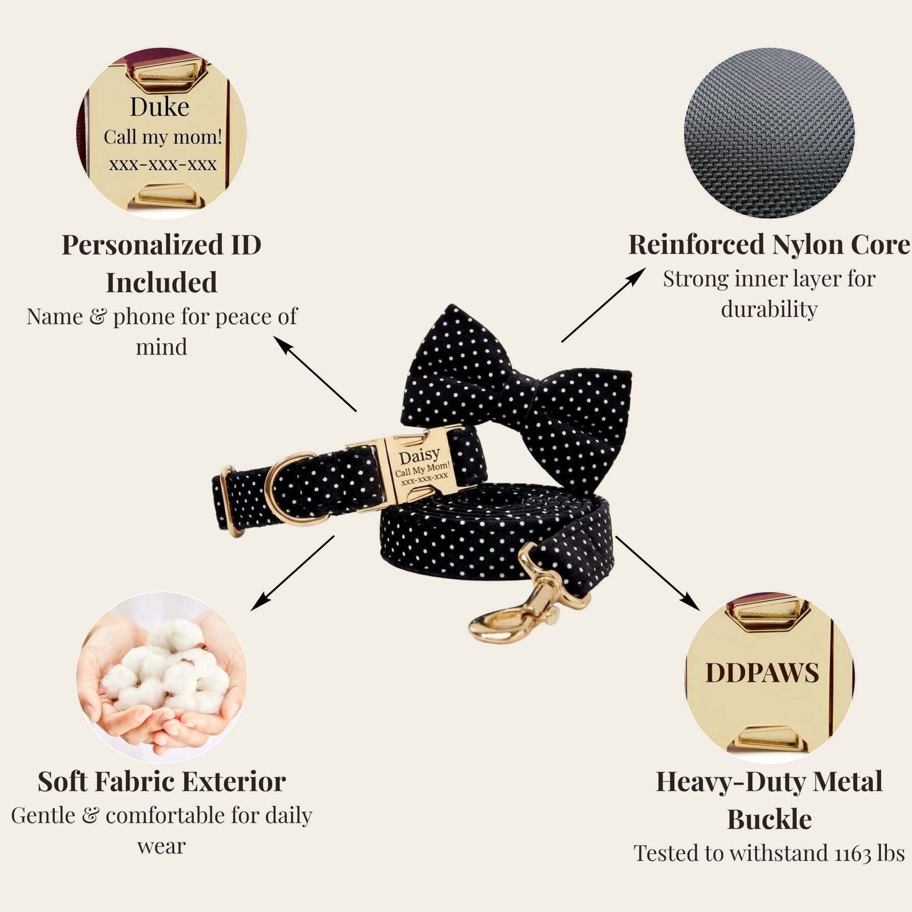 Black polka-dot collar with bowtie and ID tag, plus matching leash; gold-tone hardware