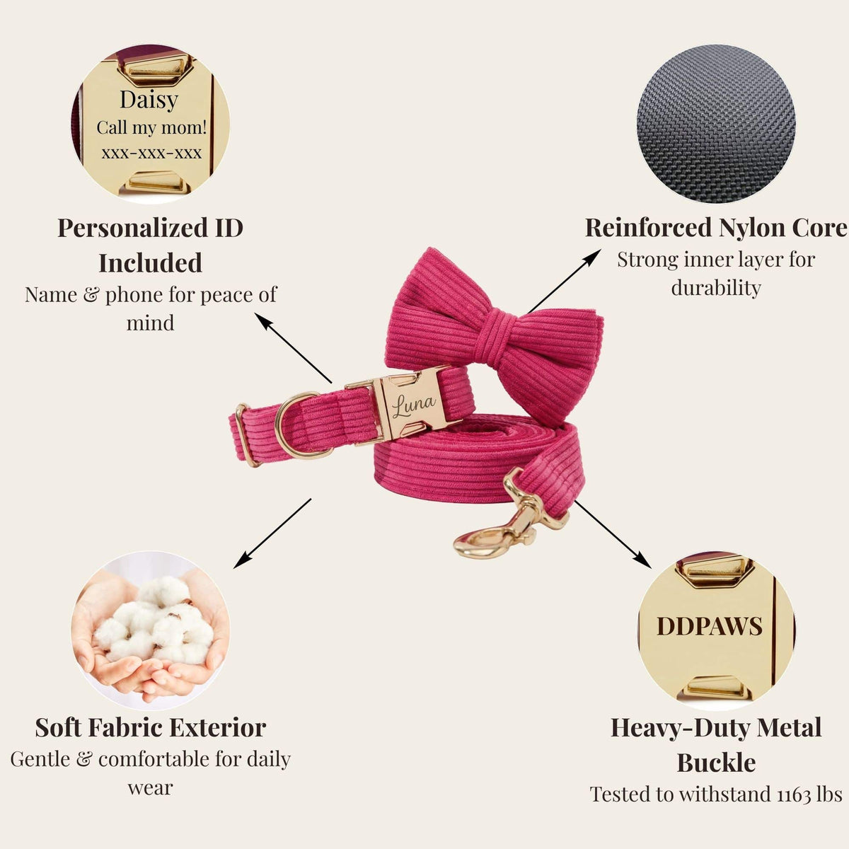 Pink corduroy collar set with bow tie and matching leash and harness
