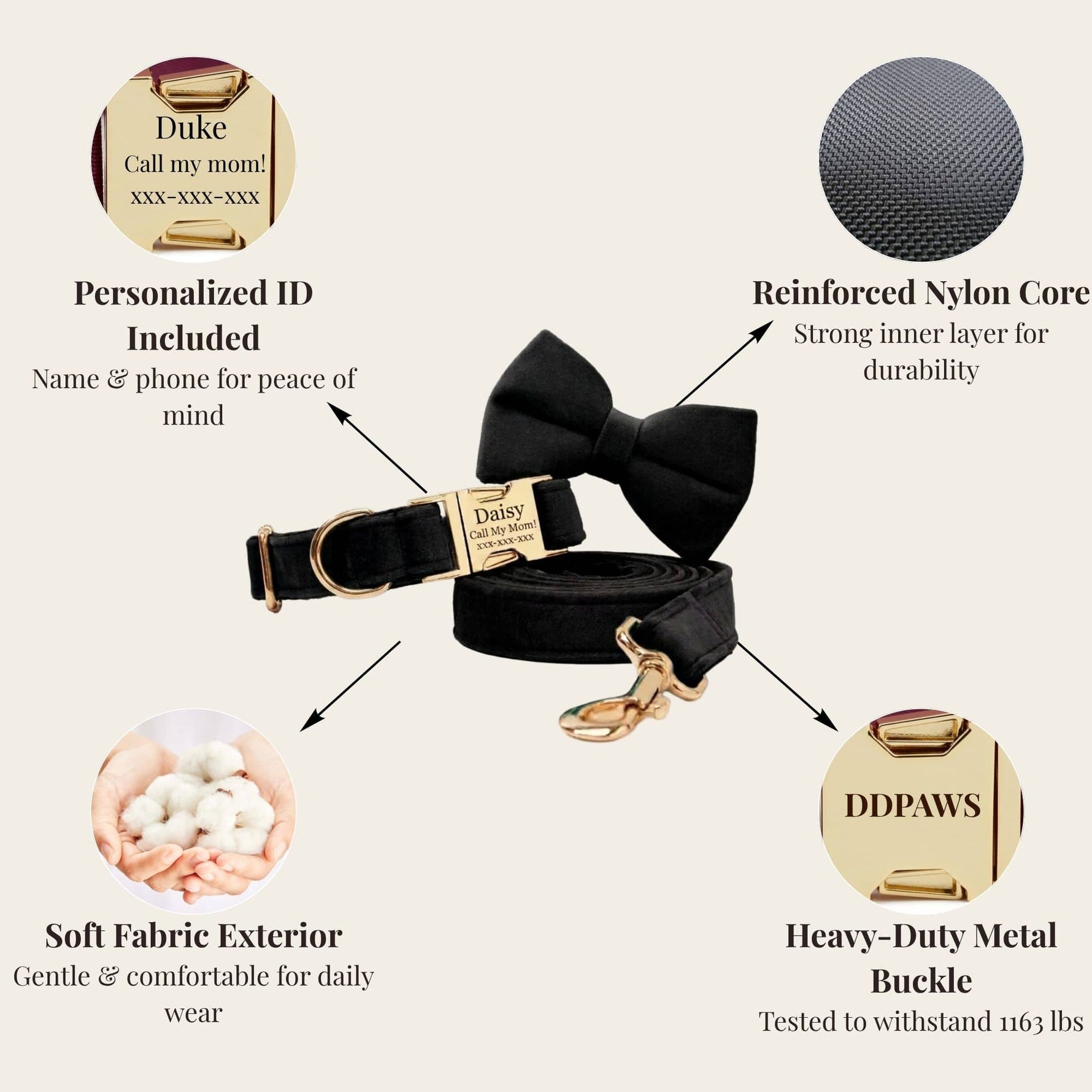 Black velvet bowtie collar set with personalized ID, reinforced nylon core, heavy-duty buckle
