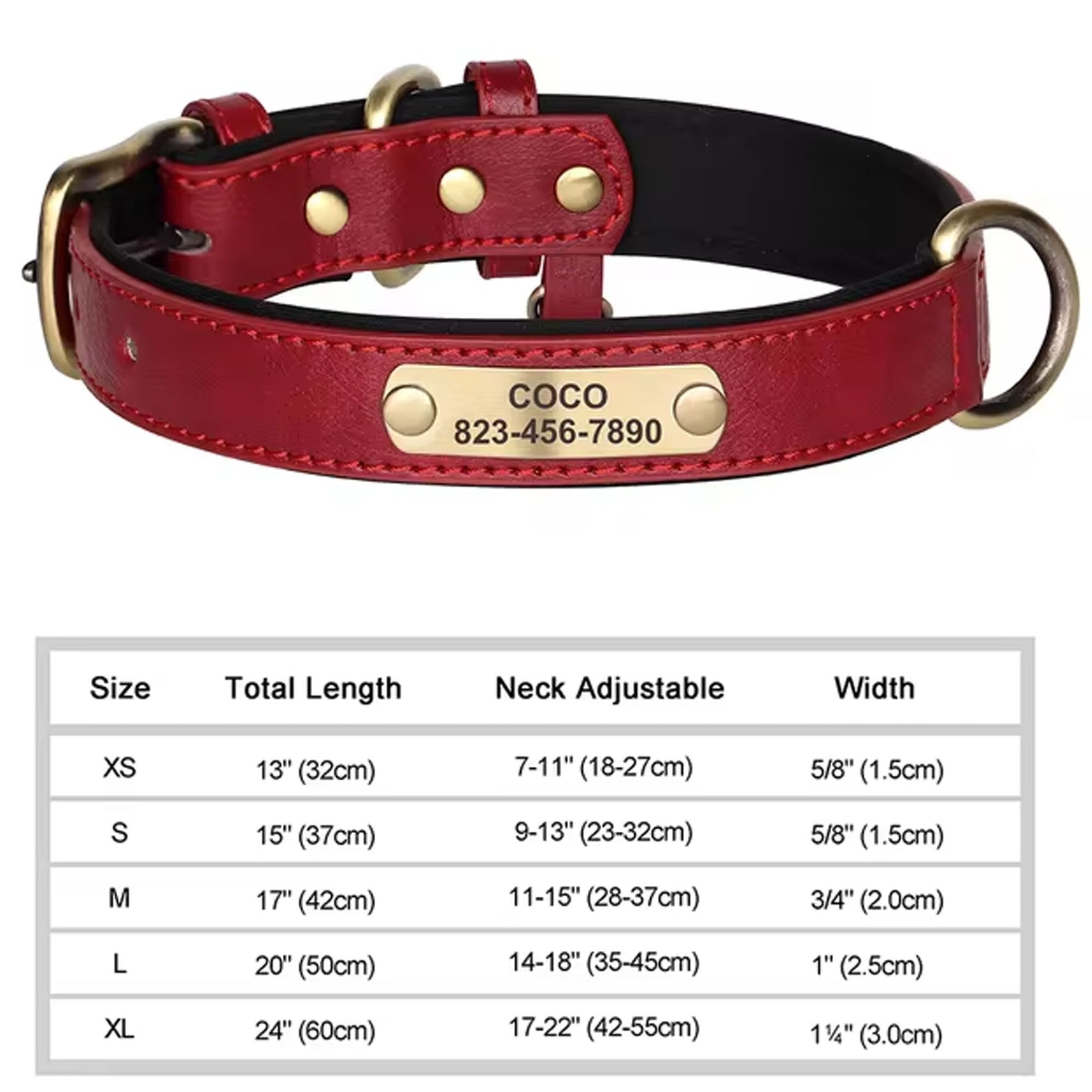 Red and black PU leather dog collar with engraved ID tag reading COCO