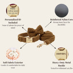 Brown teddy dog collar and leash set with soft exterior and engraved gold ID buckle