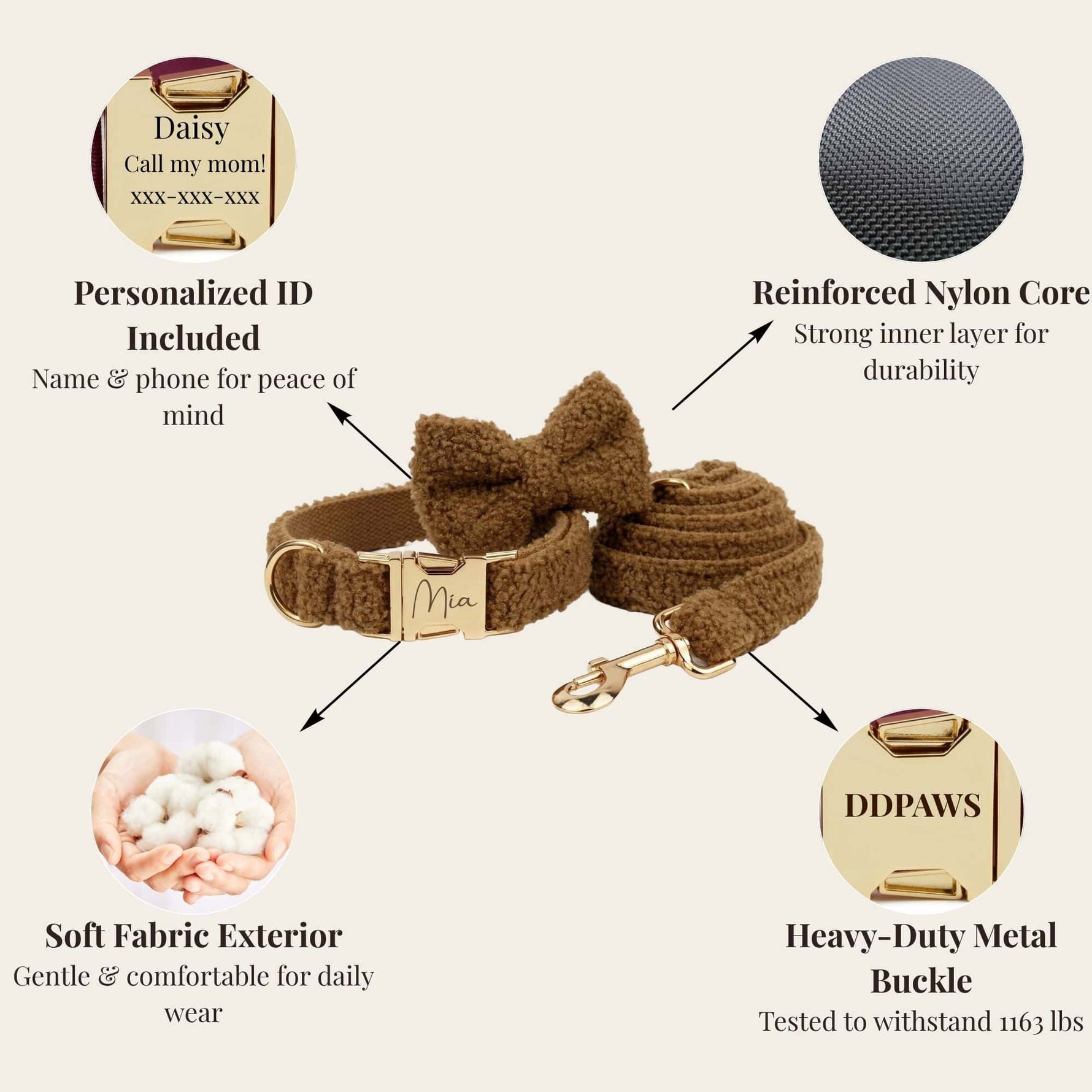 Brown teddy dog collar and leash set with soft exterior and engraved gold ID buckle