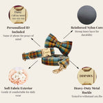 Plaid dog collar with bow tie and engraved ID plate; heavy-duty metal buckle
