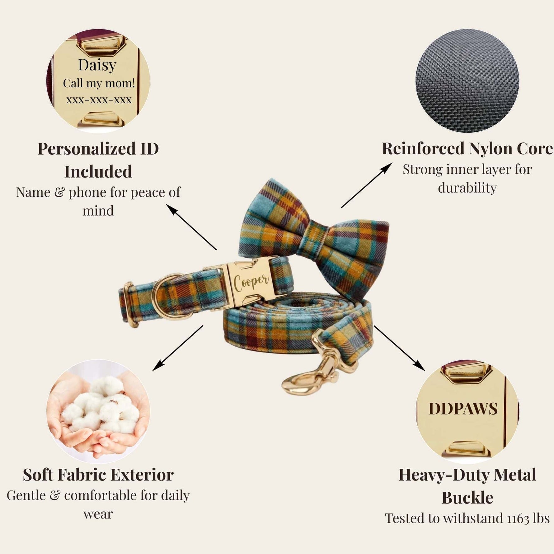 Plaid dog collar with bow tie and engraved ID plate; heavy-duty metal buckle