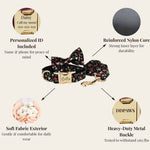 Black floral dog collar with bowtie and leash, reinforced nylon core and heavy-duty buckle