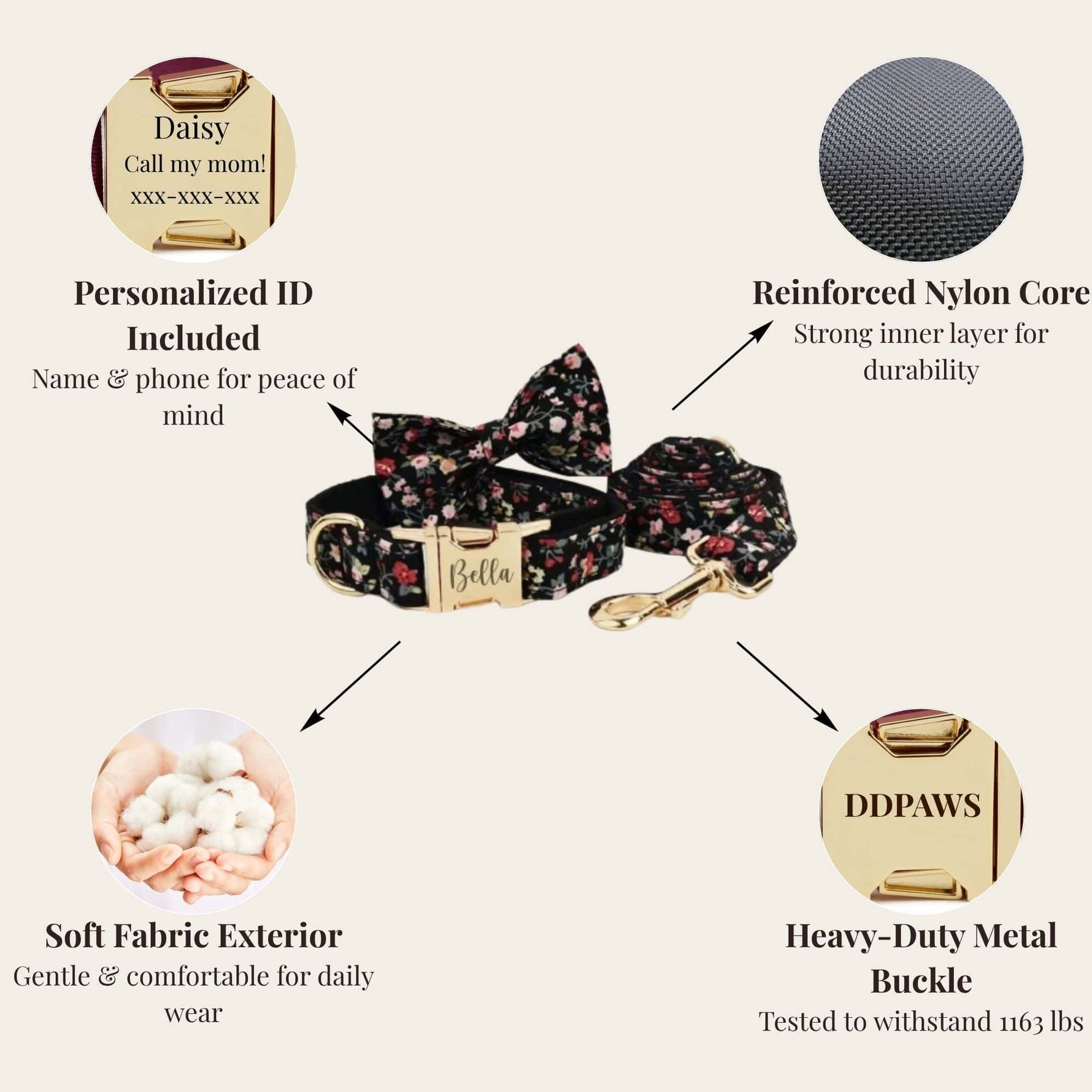 Black floral dog collar with bowtie and leash, reinforced nylon core and heavy-duty buckle