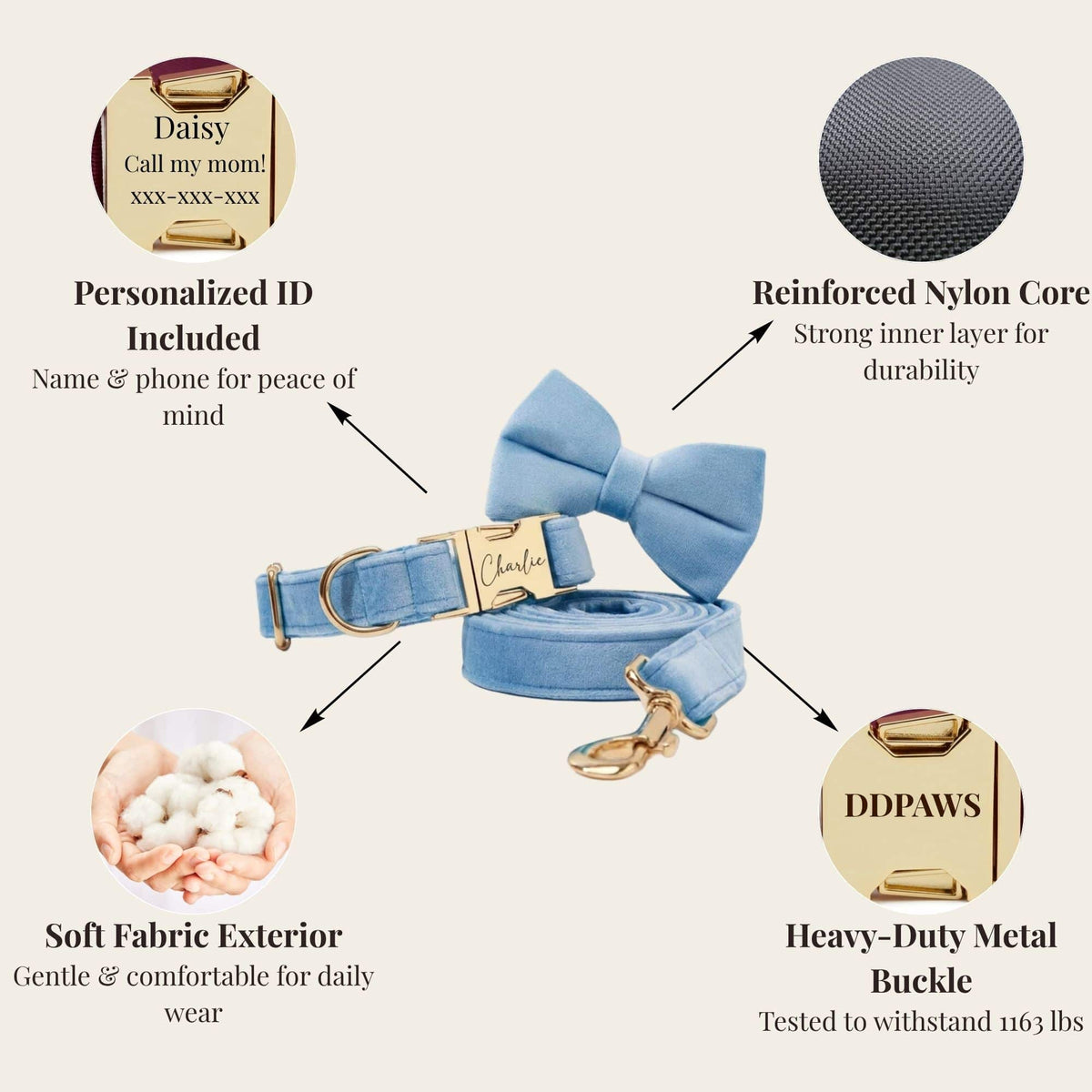 Blue velvet collar with detachable bowtie and engraved ID nameplate