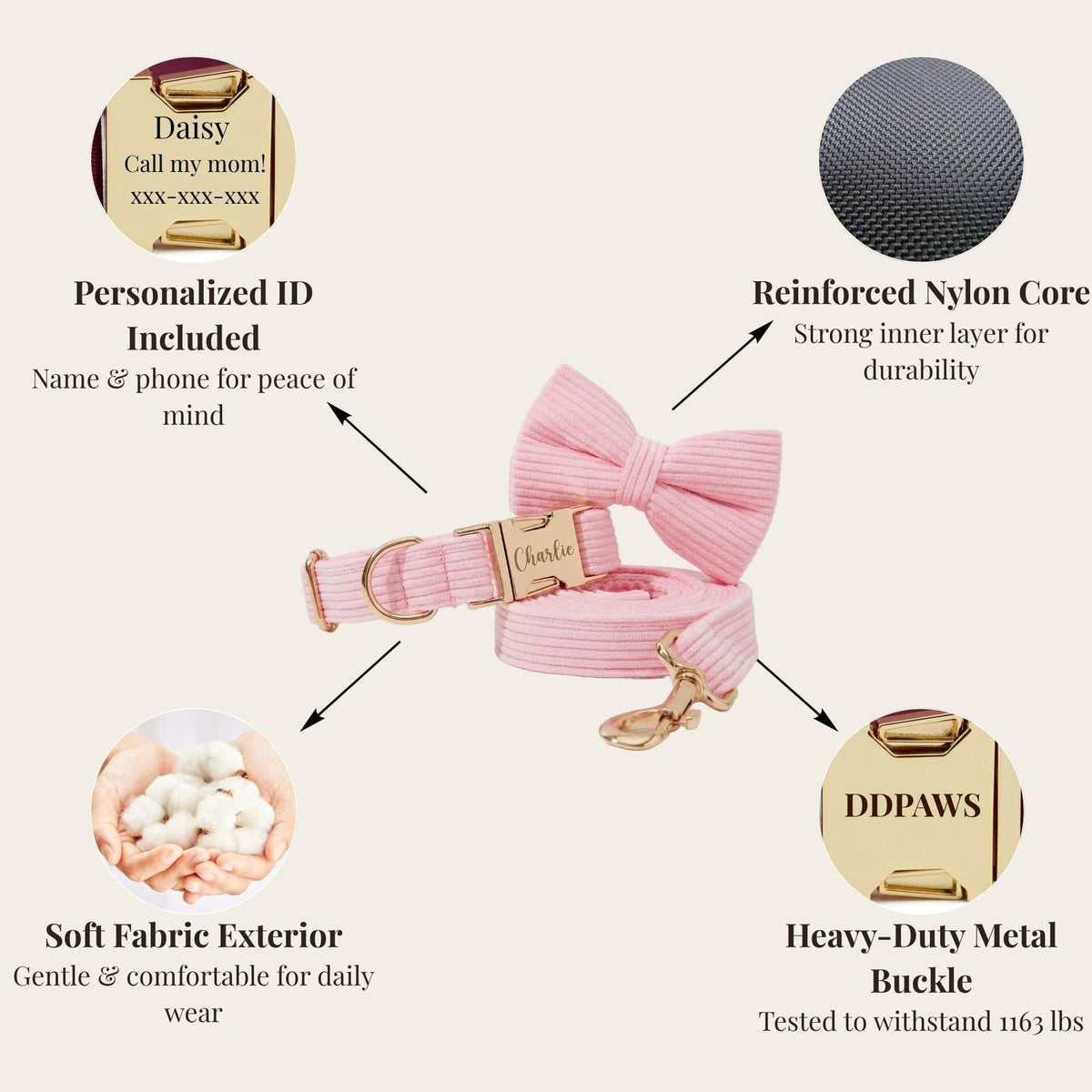 Pink corduroy dog harness set with bowtie, reinforced metal buckle, soft fabric