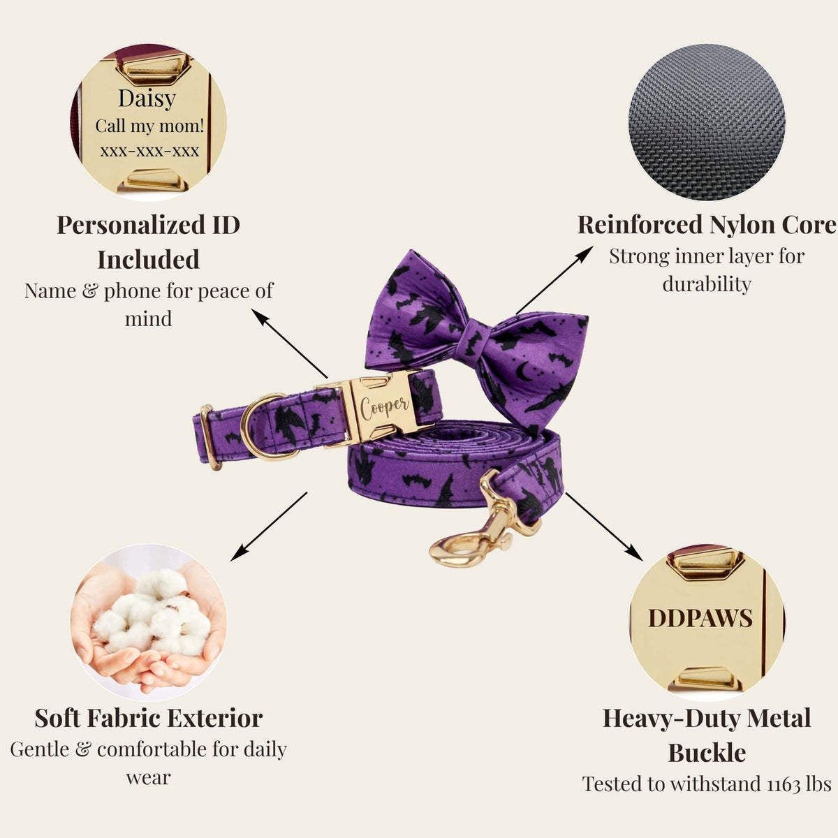 Purple bat-print dog collar set with bowtie, soft exterior, and heavy-duty metal buckle