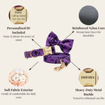 Purple bat-print dog collar set with bowtie, soft exterior, and heavy-duty metal buckle