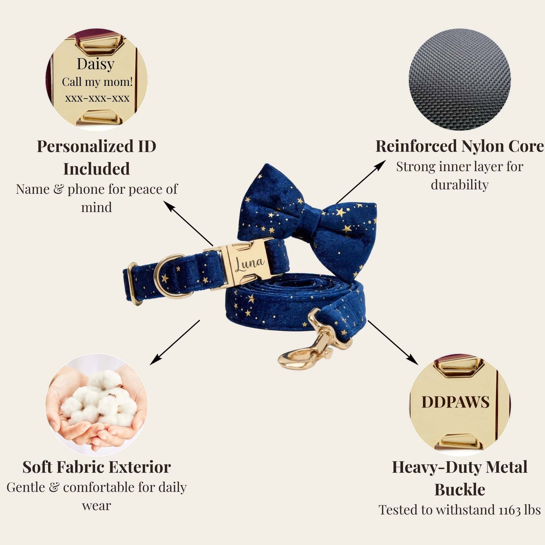 Dark blue velvet collar and bow tie set with gold buckle and star pattern leash