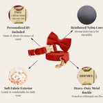 Red velvet dog collar and leash set with personalized ID tag and heavy-duty metal buckle