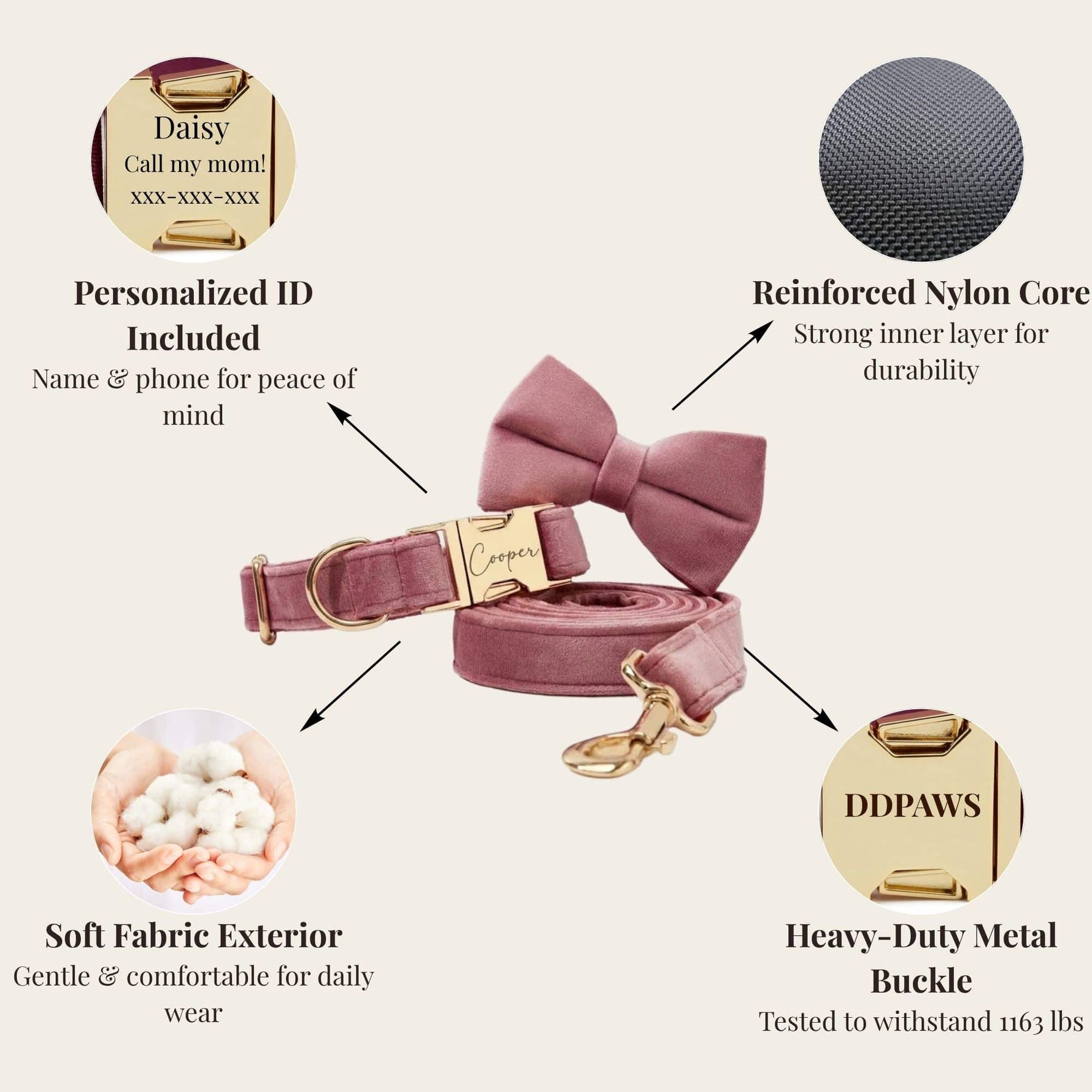 Light purple velvet dog collar set with personalized ID tag, reinforced core, heavy-duty buckle