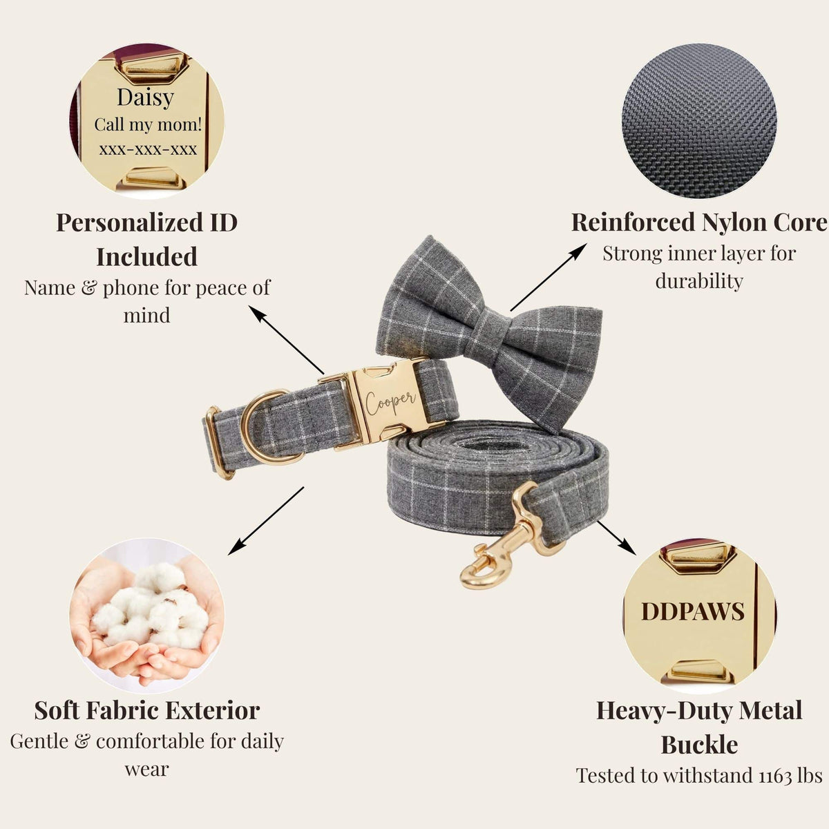 Graues Karomuster-Halsband mit Fliege und passender Leine; gepolsterte Metallbeschläge