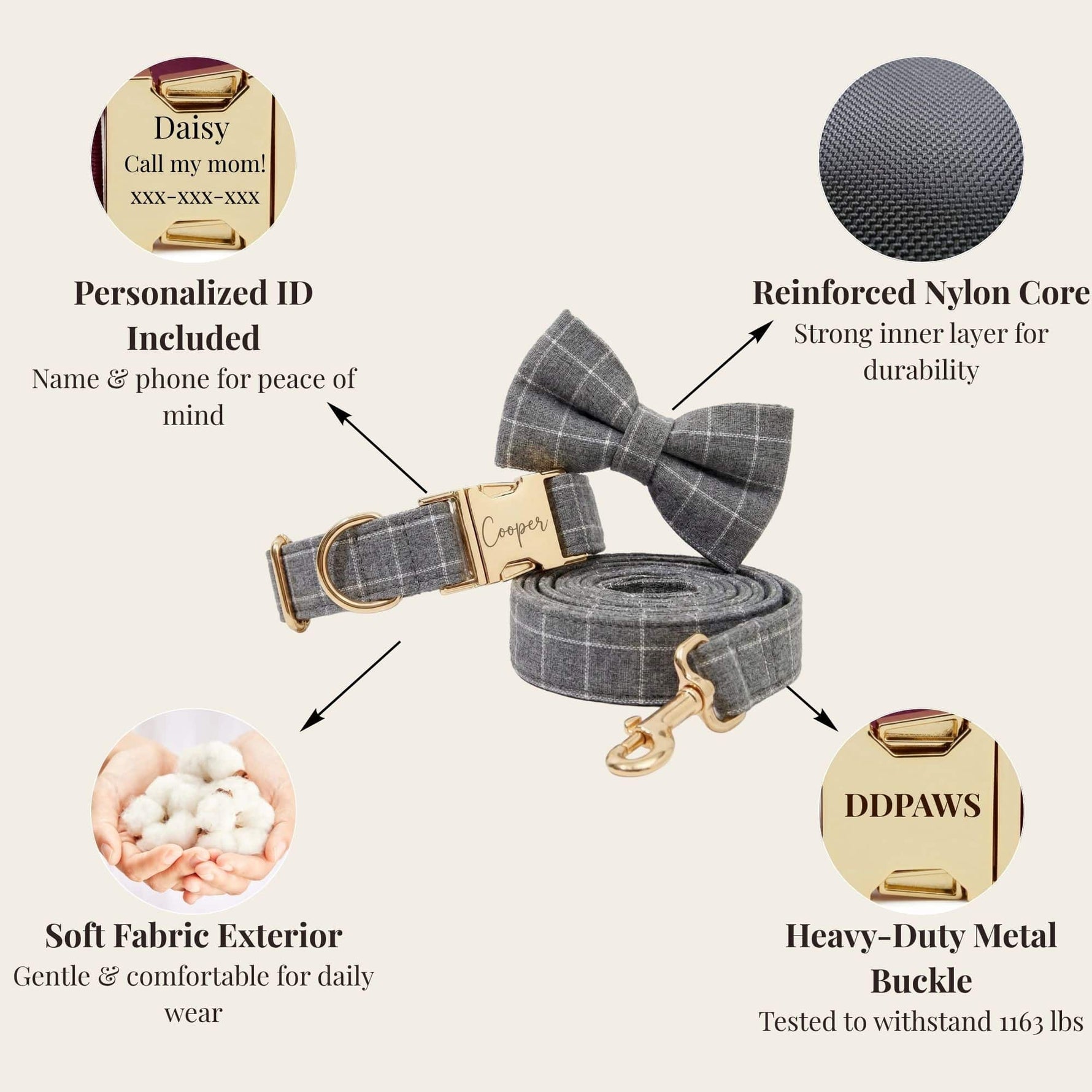 Graues Karomuster-Halsband mit Fliege und passender Leine; gepolsterte Metallbeschläge
