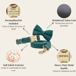 Dark green corduroy bowtie collar with personalized ID tag, heavy-duty buckle, and reinforced core
