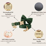 Teal velvet dog harness set with bowtie and heavy-duty metal buckle details