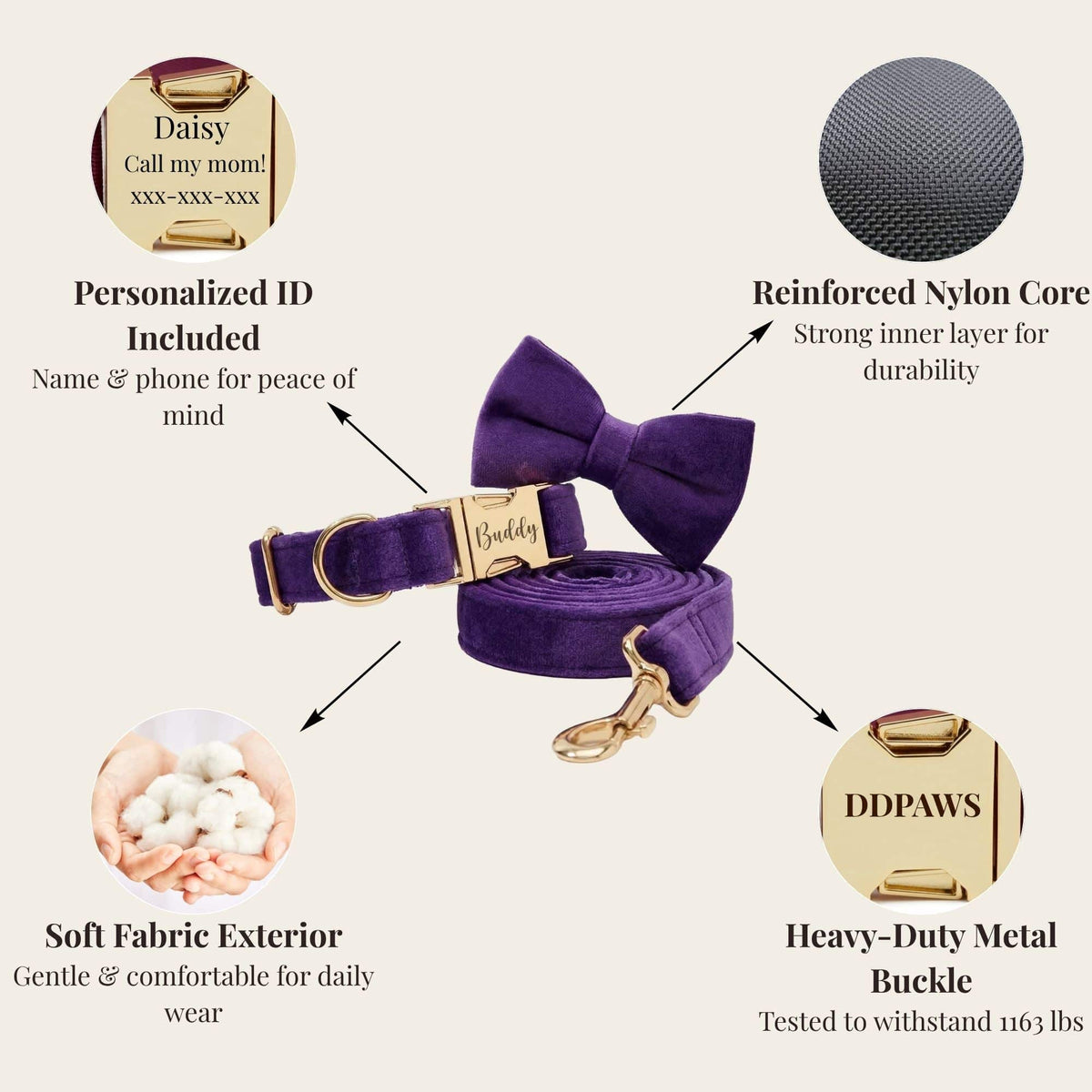 Velvet purple collar set with bowtie, ID tag and matching leash