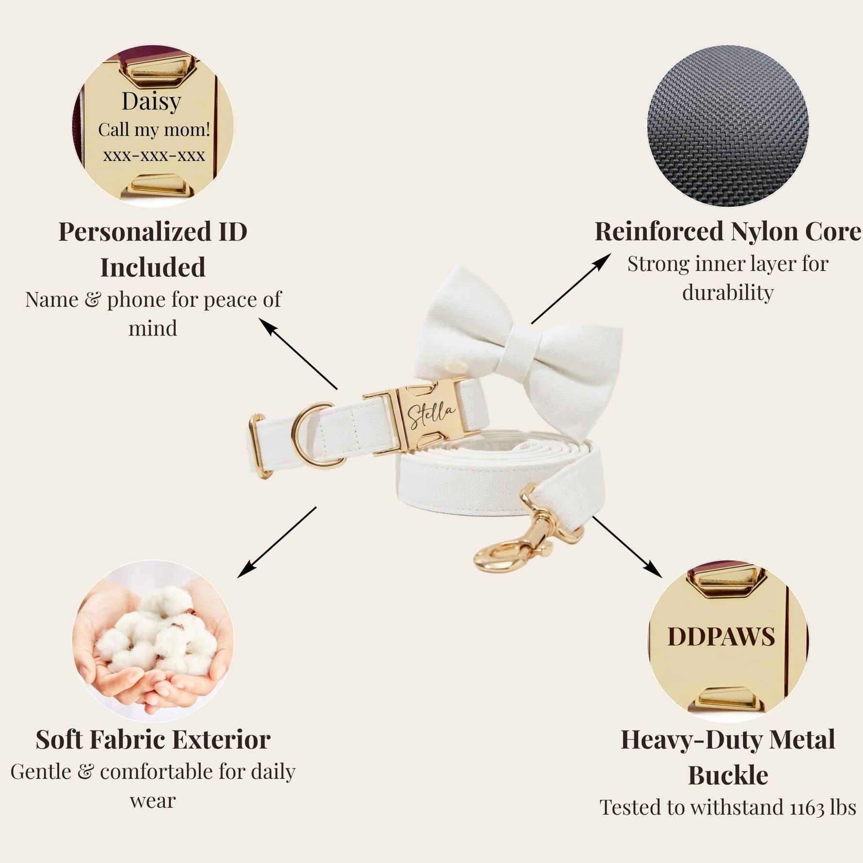 White bowtie dog collar with ID tag, soft exterior, reinforced core, heavy-duty metal buckle