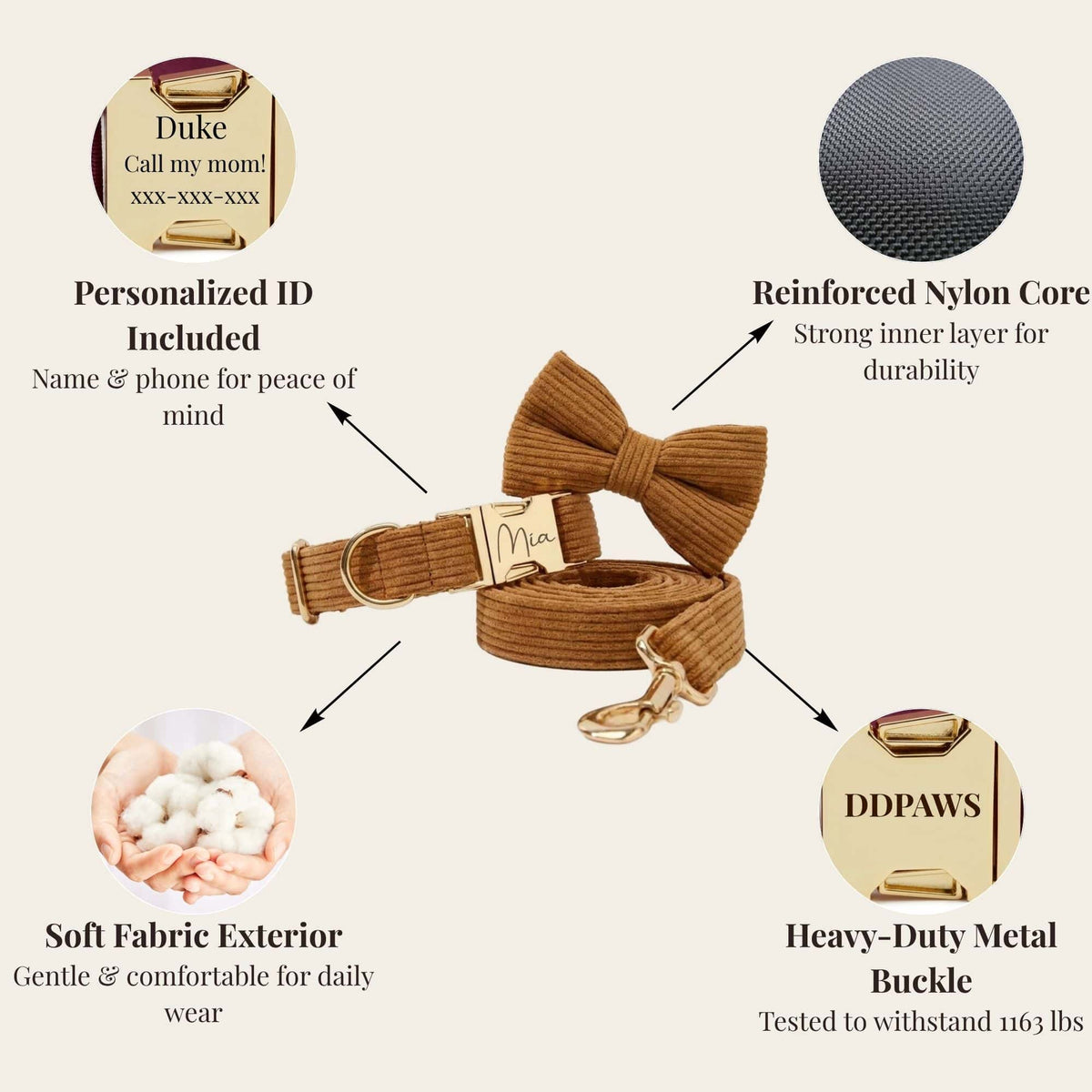 Caramel corduroy dog collar set with bowtie, heavy-duty metal buckle, and leash