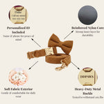 Caramel corduroy dog collar set with bowtie, heavy-duty metal buckle, and leash
