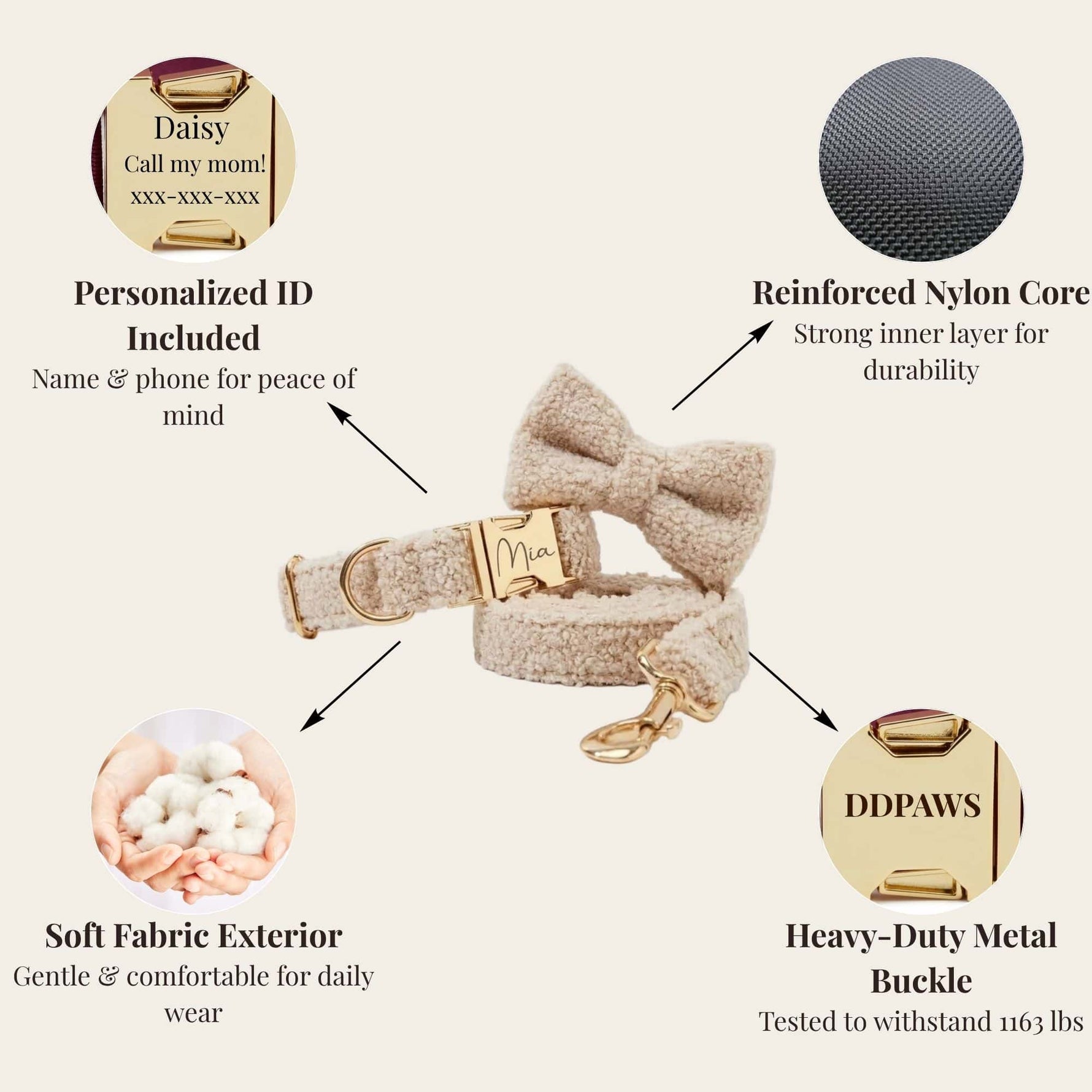 Beige teddy dog harness set with soft fabric exterior and heavy-duty metal buckle