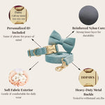 Teal velvet bowtie pet collar with personalized ID tag and matching leash