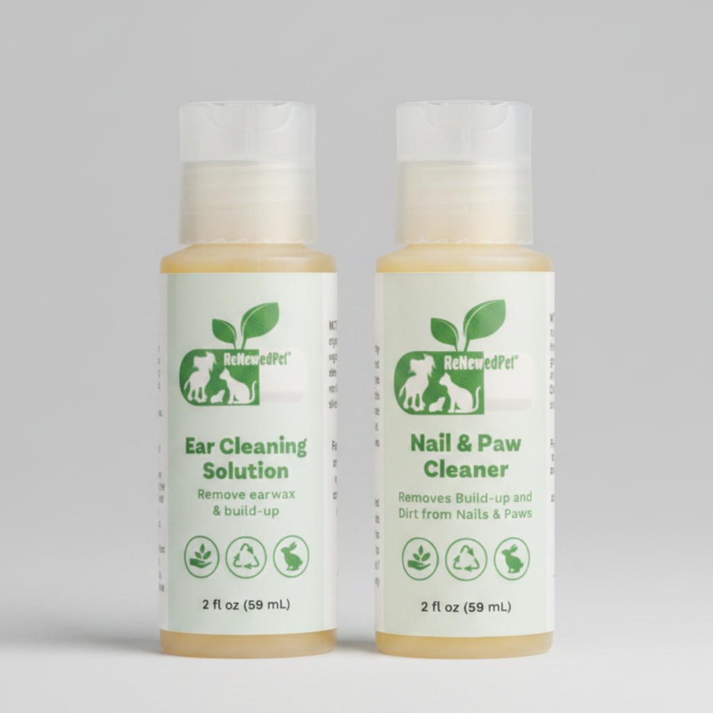 Pet ear and nail cleaner bottles, small 2 fl oz sizes with clear pump and amber fill