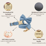 Blue denim dog collar and bowtie with metal buckle, plus leash and harness straps shown