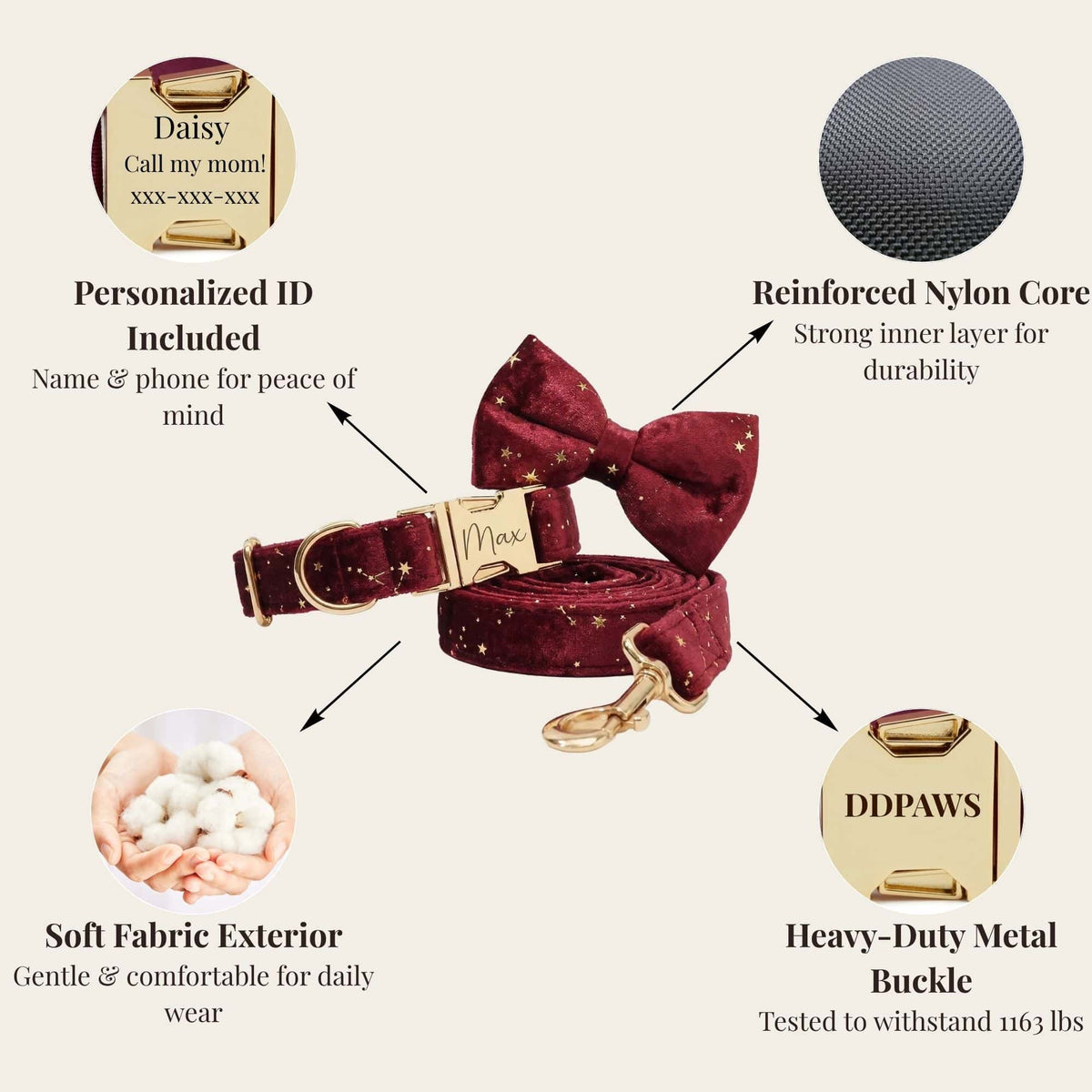 Velvet burgundy dog set with soft exterior, reinforced buckle, heavy-duty metal, star print