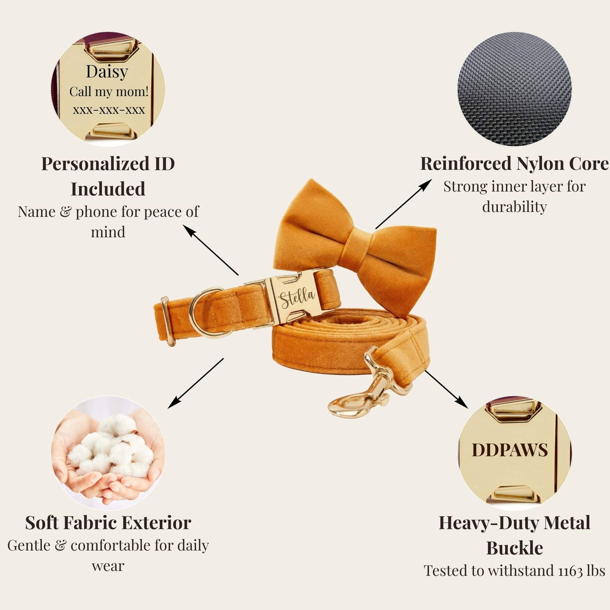 Orange velvet bowtie collar set with reinforced nylon core and heavy-duty metal buckle