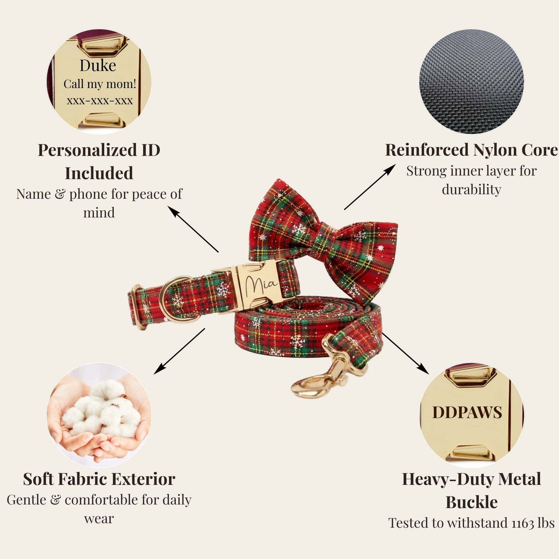 Red plaid dog collar, harness and bowtie set with heavy-duty metal buckle