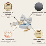 Light blue dog collar set with bowtie, ID tag, soft fabric exterior and heavy metal buckle