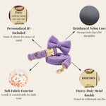 Purple teddy harness with bowtie and engraved ID name tag, heavy-duty metal hardware