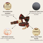 Red and green tartan bow tie and harness set with soft fabric exterior and metal buckle