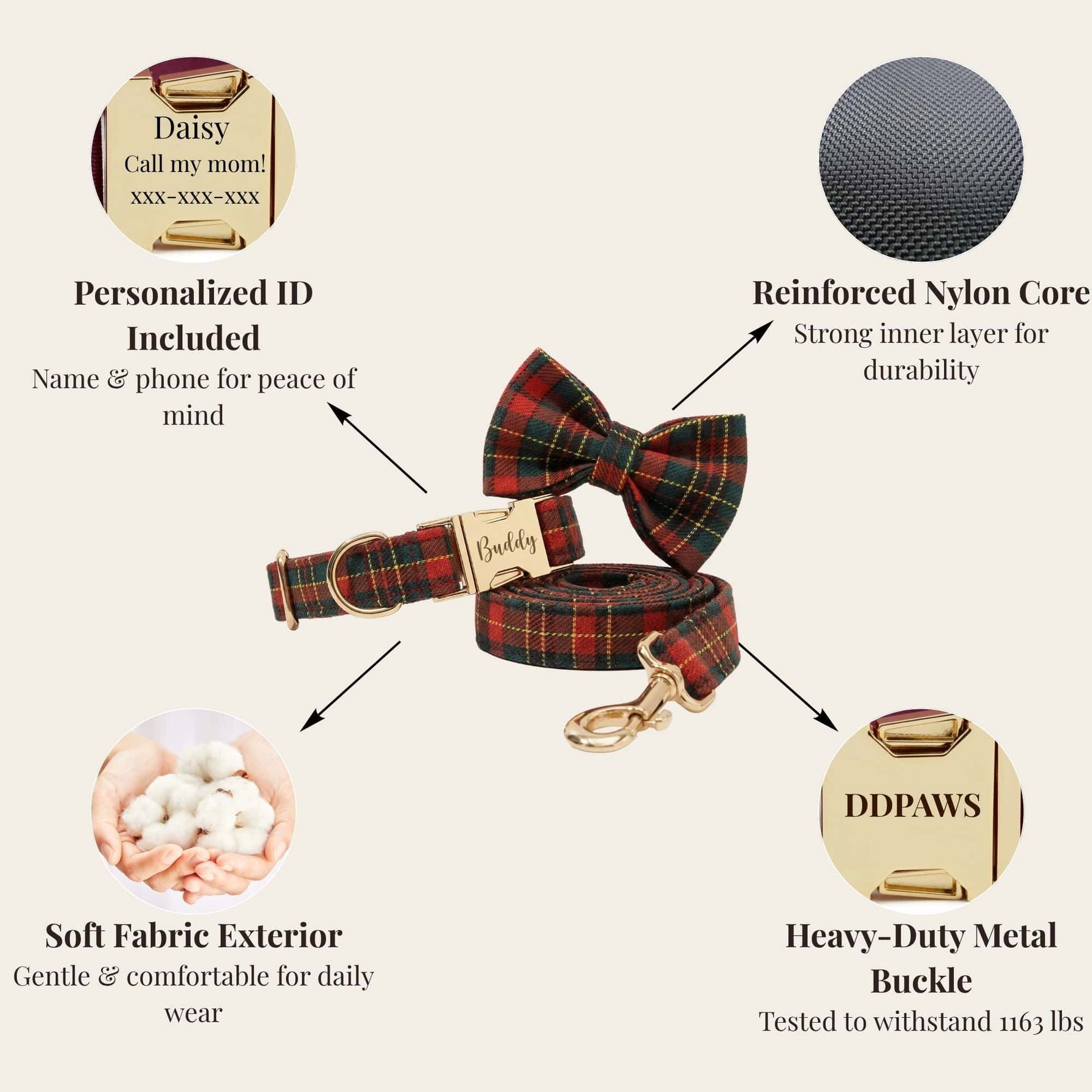 Red and green tartan bow tie and harness set with soft fabric exterior and metal buckle