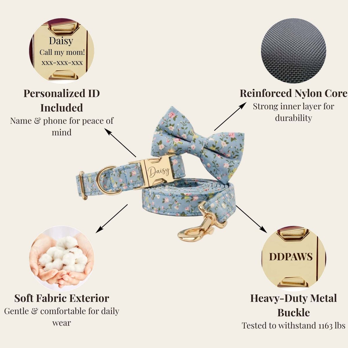 Dusty blue floral dog collar with big bowtie, ID tag and reinforced inner core