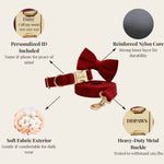Red wine velvet pet set diagram featuring bowtie collar, leash, and metal buckle details