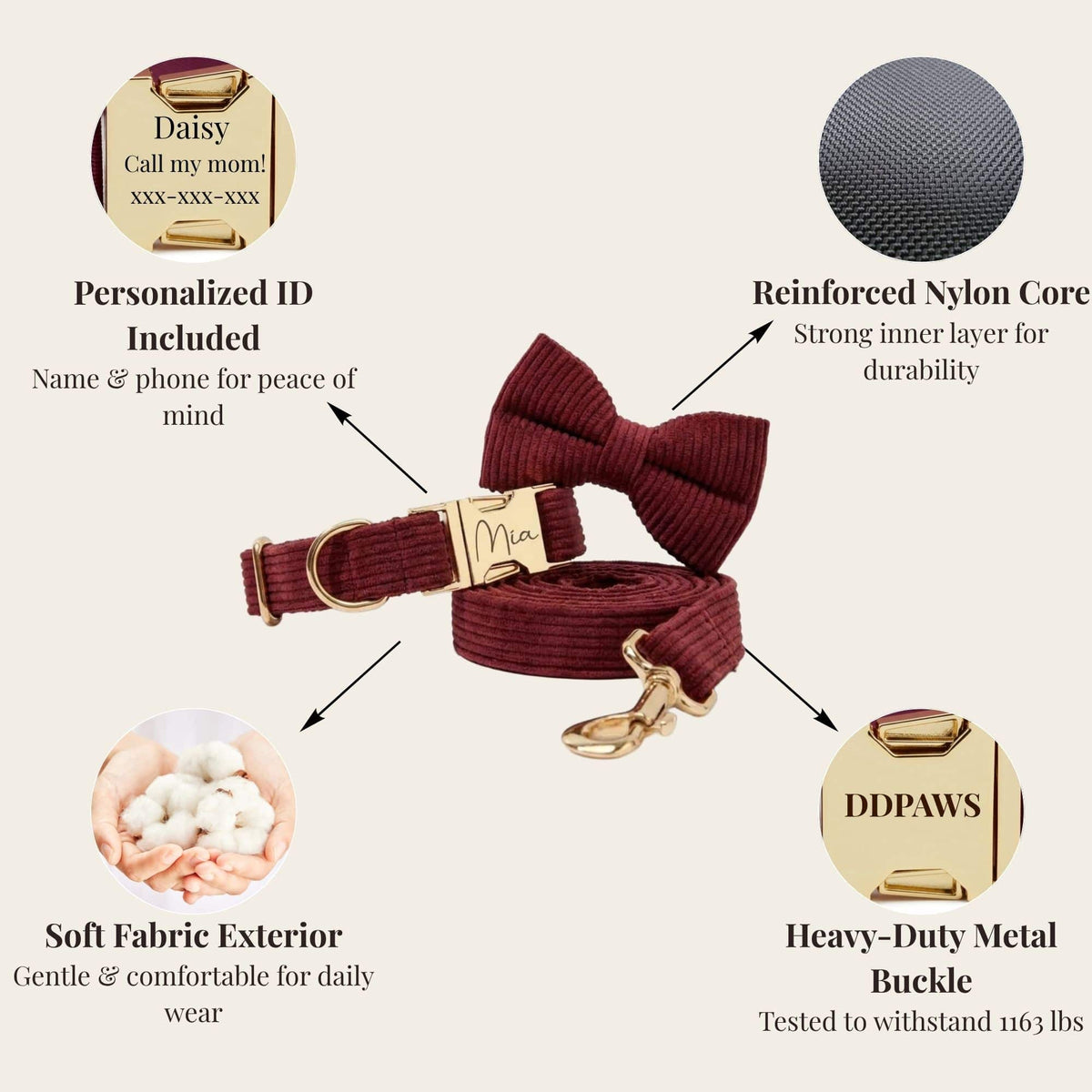 Dark red corduroy bowtie collar and matching leash with gold metal buckle and reinforced strap