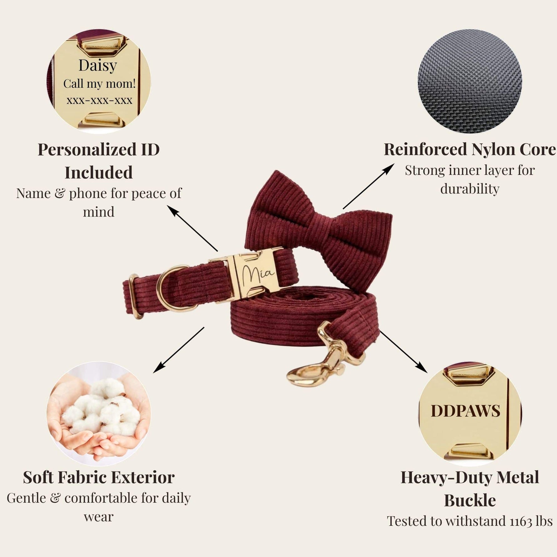 Dark red corduroy bowtie collar and matching leash with gold metal buckle and reinforced strap