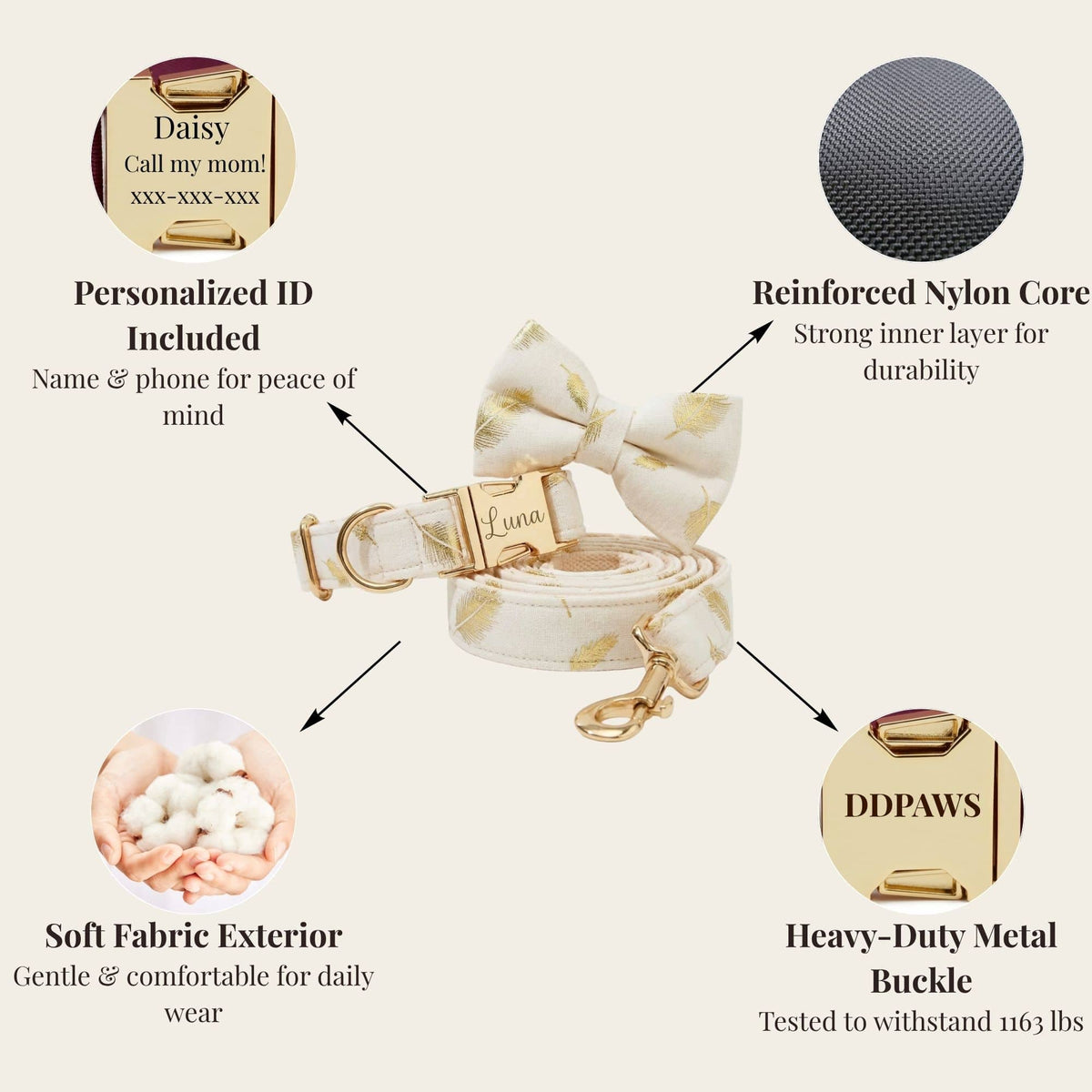 Ivory velvet dog harness with large bow and gold hardware; reinforced metal buckle detail