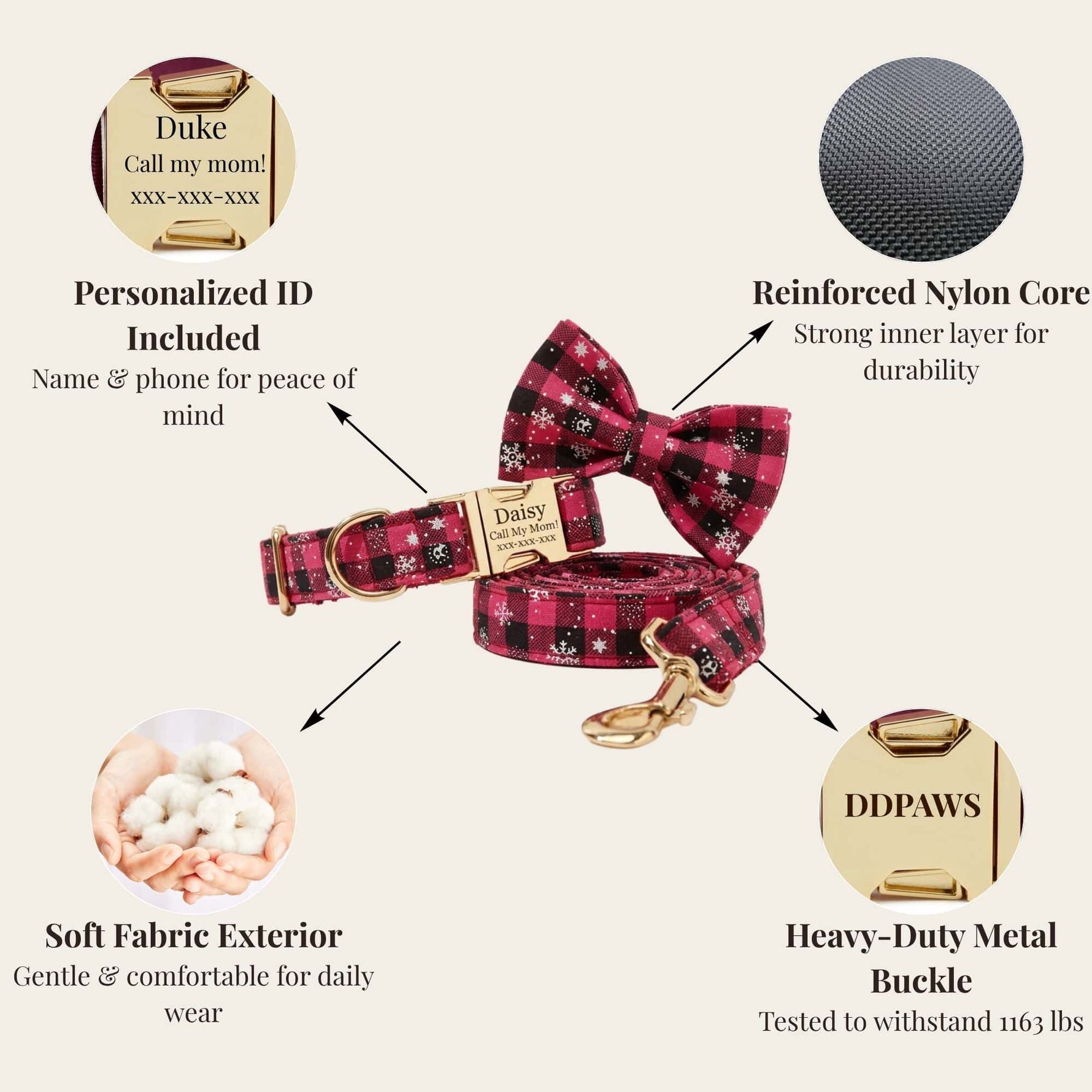 Plaid dog collar and leash set with bowtie, personalized ID tag, and gold metal buckle
