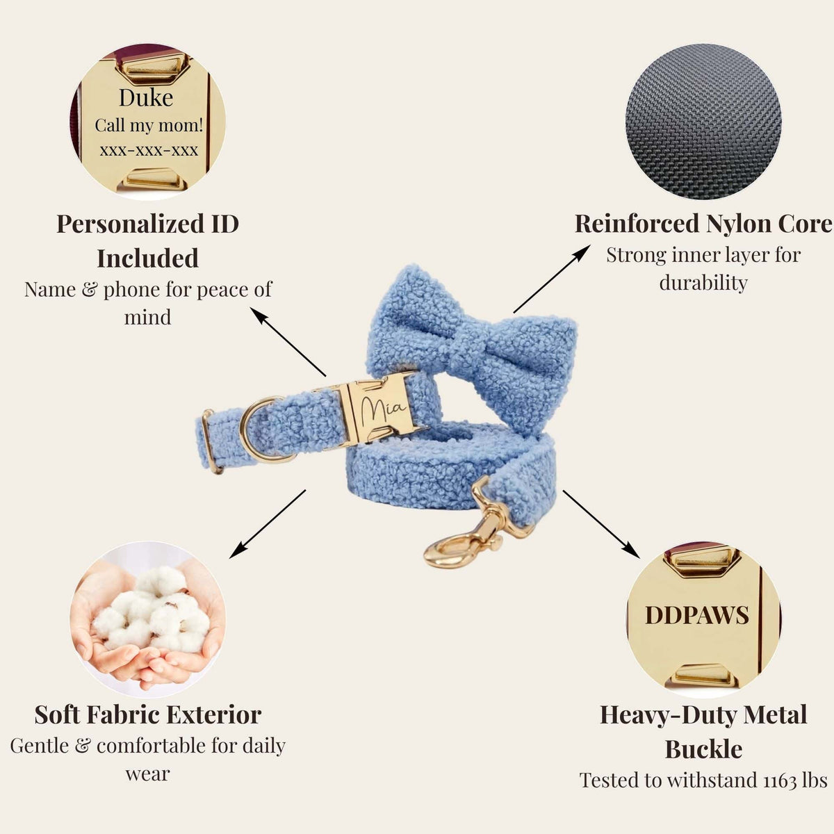 Light blue teddy dog harness with soft fabric exterior and heavy-duty metal buckle